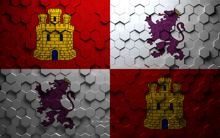 Drapeau de Castille et Leon, art en nid d&#39;abeille, drapeau des hexagones de Castille et Leon, Castille et Leon, art des hexagones 3d, drapeau de Castille et Leon