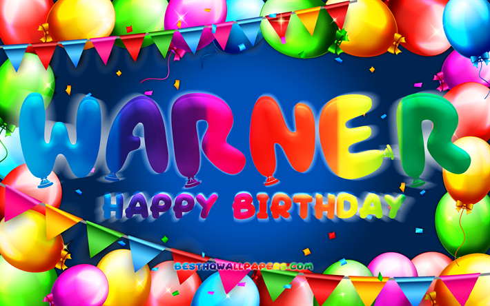 Happy Birthday Warner, 4k, v&#228;rik&#228;s ilmapallokehys, Warnerin nimi, sininen tausta, Warner Happy Birthday, Warner Birthday, suositut saksalaiset miesten nimet, syntym&#228;p&#228;iv&#228;konsepti, Warner