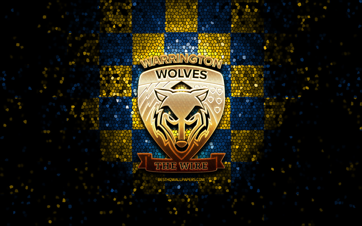 Warrington Wolves, logo scintillant, SLE, fond &#224; carreaux bleu jaune, rugby, club de rugby anglais, logo Warrington Wolves, art de la mosa&#239;que