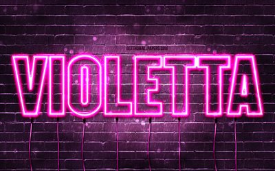 Violetta, 4k, tapeter med namn, kvinnonamn, Violetta namn, lila neonljus, Violetta Birthday, Happy Birthday Violetta, popul&#228;ra italienska kvinnonamn, bild med Violetta namn