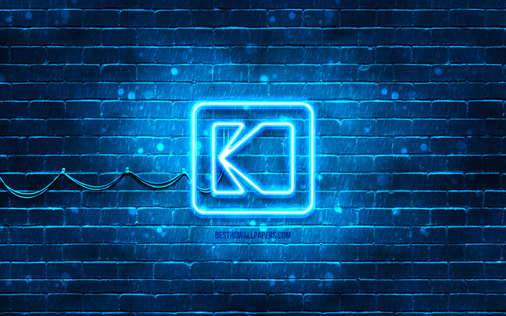 Kodak sininen logo, 4k, sininen tiilisein&#228;, Kodak logo, tuotemerkit, Kodak neon logo, Kodak