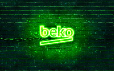 gr&#252;nes beko-logo, 4k, gr&#252;ne ziegelwand, beko-logo, marken, beko-neon-logo, beko