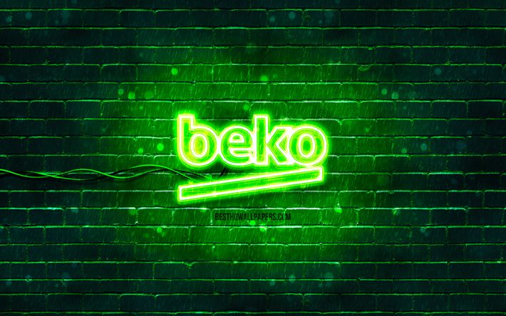 Logo vert Beko, 4k, mur de brique vert, logo Beko, marques, logo n&#233;on Beko, Beko