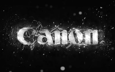 Canon white logo, 4k, white neon lights, creative, black abstract background, Canon logo, brands, Canon
