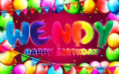 Happy Birthday Wendy, 4k, colorful balloon frame, Wendy name, purple background, Wendy Happy Birthday, Wendy Birthday, popular american female names, Birthday concept, Wendy