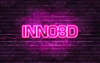 Inno3D紫のロゴ, 4k, 紫のレンガの壁, Inno3Dロゴ, お, Inno3Dネオンロゴ, Inno3D