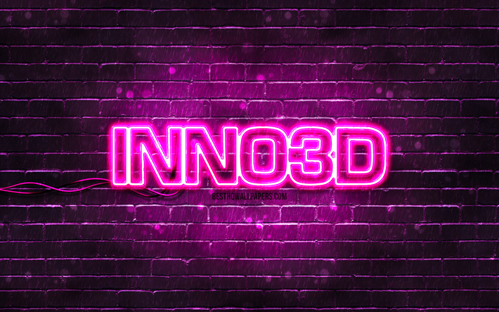 Inno3D lila logotyp, 4k, lila tegelv&#228;gg, Inno3D logotyp, varum&#228;rken, Inno3D neon logotyp, Inno3D