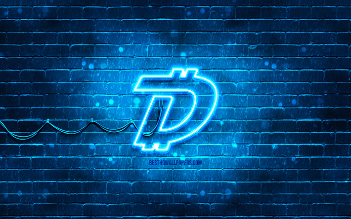 DigiByteの青いロゴ, 4k, DGB, 青いレンガの壁, DigiByteロゴ, 仮想通貨, DigiByteネオンロゴ, DigiByte