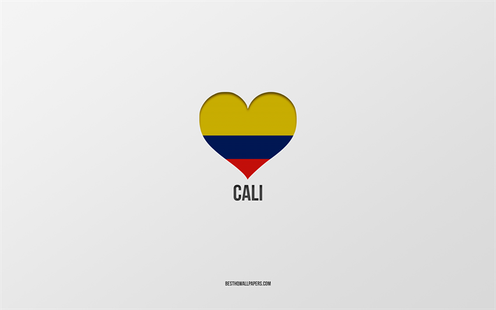 J&#39;aime Cali, villes colombiennes, jour de Cali, fond gris, Cali, Colombie, coeur de drapeau colombien, villes pr&#233;f&#233;r&#233;es, Love Cali