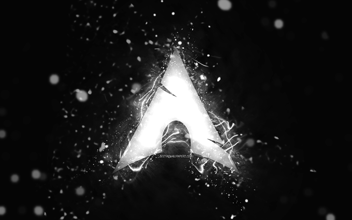 Arch Linux valkoinen logo, 4k, valkoiset neon valot, luova, musta abstrakti tausta, Arch Linux logo, Linux, Arch Linux