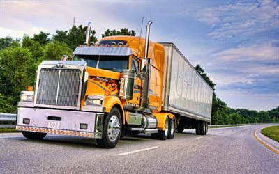 Western Star 4900 EX, 4k, autoroute, 2021 camions, LKW, transport de marchandises, camion jaune, camions américains, Western Star