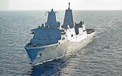 USS Arlington, 4k, arte vettoriale, LPD-24, molo di trasporto anfibio, Marina degli Stati Uniti, esercito degli Stati Uniti, navi astratte, corazzata, classe San Antonio, USS Arlington LPD-24
