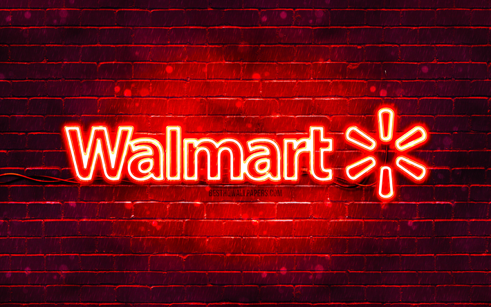 Walmart logo rouge, 4k, mur de brique rouge, logo Walmart, marques, logo n&#233;on Walmart, Walmart