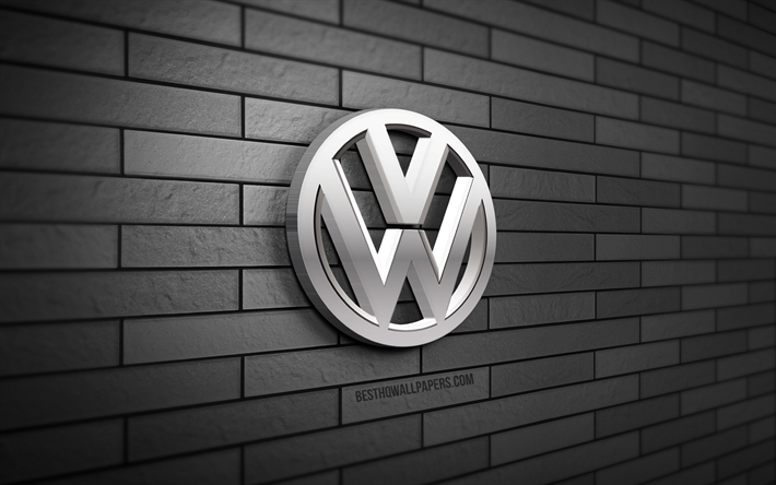 Logo Volkswagen 3D, 4K, logo VW, muro di mattoni grigio, creativo, marchi di automobili, logo Volkswagen, logo in metallo Volkswagen, arte 3D, Volkswagen