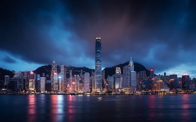 Hong Kong, Centro De Com&#233;rcio Internacional, Central Plaza, noite, p&#244;r do sol, arranha-c&#233;us, Hong Kong paisagem urbana, Hong Kong horizonte