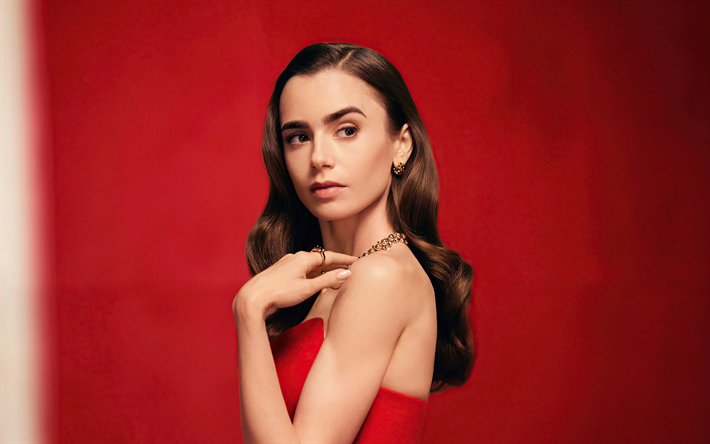 Lily Collins, actrice am&#233;ricaine, mannequin am&#233;ricaine, s&#233;ance photo, robe rouge, star am&#233;ricaine