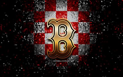 Boston Red Sox emblem, glitter logo, MLB, red white checkered background, american baseball team, Major League Baseball, mosaic art, baseball, Boston Red Sox
