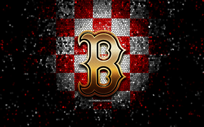 Boston Red Sox emblema, logotipo de glitter, MLB, fundo vermelho branco quadriculado, time de beisebol americano, Major League Baseball, arte de mosaico, beisebol, Boston Red Sox
