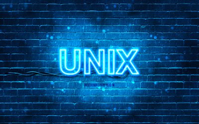Unix ブルー ロゴ, 4k, 青いレンガの壁, Unix ロゴ, オペレーティングシステム, Unix ネオンのロゴ, UNIX
