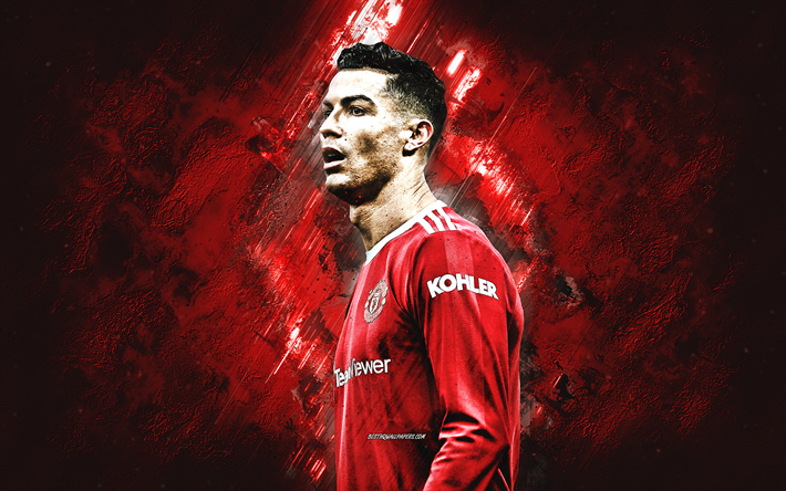 Cristiano Ronaldo, CR7, grunge art, Manchester United FC, portrait, red stone background, football, Premier League, England