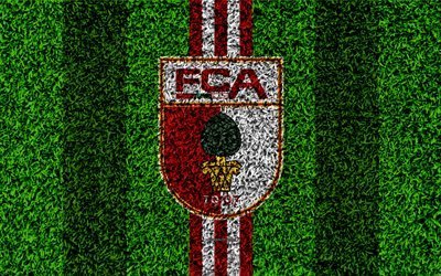 FC Augsburg, 4k, German football club, football lawn, logo, emblem, grass texture, Bundesliga, Augsburg, Germany, football