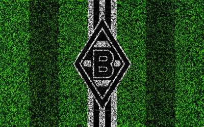 Borussia Monchengladbach, 4k, German football club, football lawn, logo, emblem, grass texture, Bundesliga, M&#246;nchengladbach, Germany, football