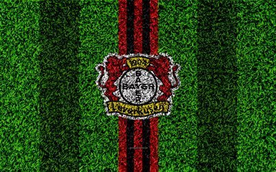 Bayer 04 Leverkusen, 4k, German football club, football lawn, logo, emblem, grass texture, Bundesliga, Leverkusen, Germany, football