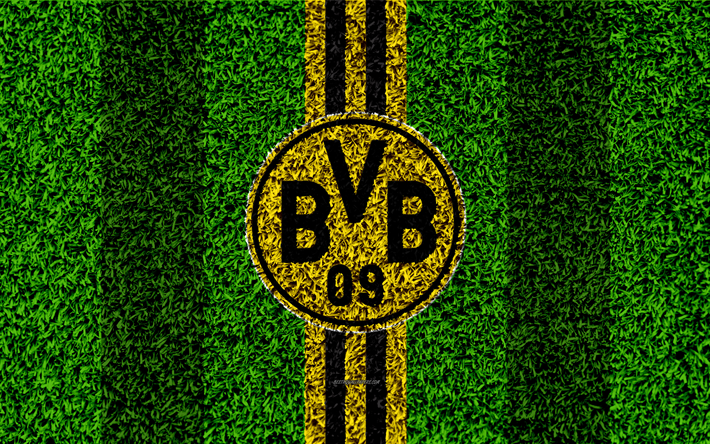 Borussia Dortmund FC, 4k, German football club, football lawn, Borussia logo, emblem, grass texture, Bundesliga, Dortmund, Germany, football