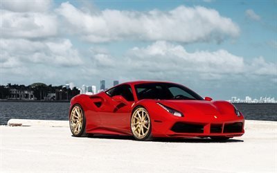 Ferrari 488 GTB, 2018, red sports car, red sports coupe, tuning 488 GTB, gold wheels ANRKY AN33, Ferrari