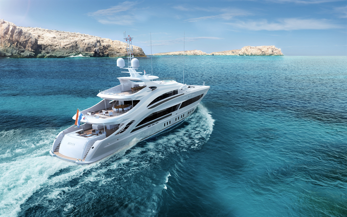 luxe blanc yacht, Maia, Heesen Yachts, pays-bas, la baie, la mer, les beaux yachts, paysage marin