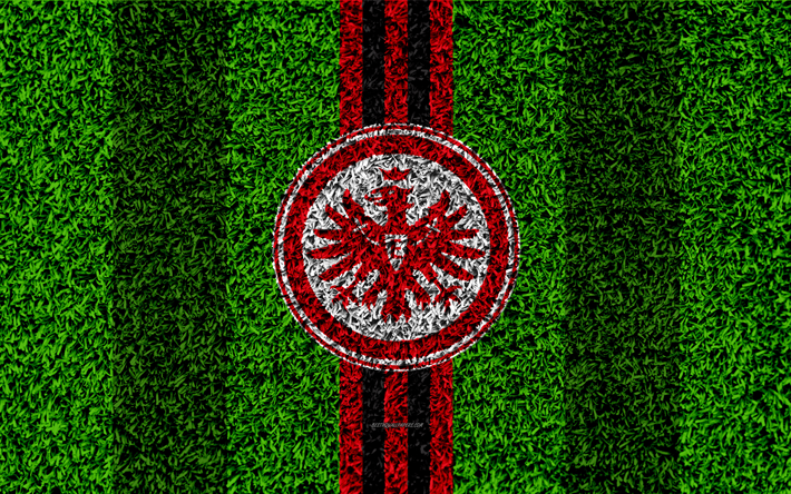 Eintracht Frankfurt, 4k, Saksalainen jalkapalloseura, jalkapallo nurmikko, logo, tunnus, ruohon rakenne, Bundesliiga, Frankfurt am Main, Saksa, jalkapallo
