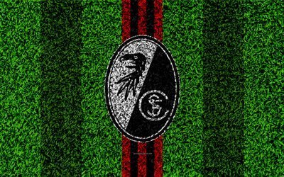 SC Freiburg, 4k, German football club, football lawn, logo, emblem, grass texture, Bundesliga, Freiburg, Germany, football, Freiburg FC
