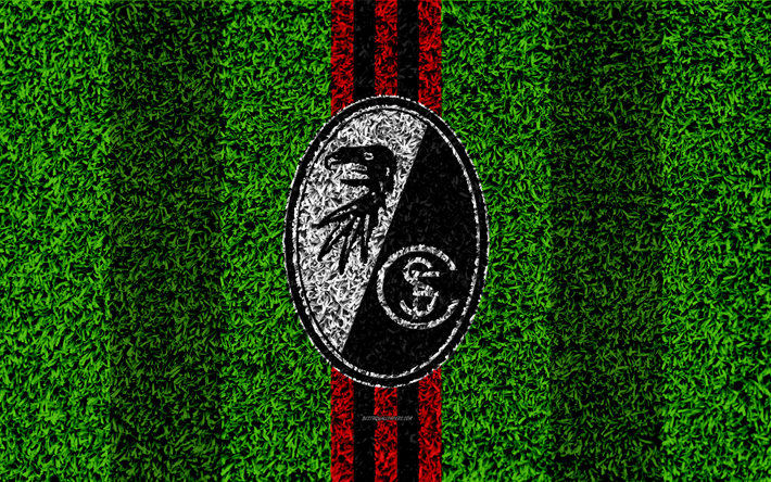 SC Freiburg, 4k, German football club, football lawn, logo, emblem, grass texture, Bundesliga, Freiburg, Germany, football, Freiburg FC