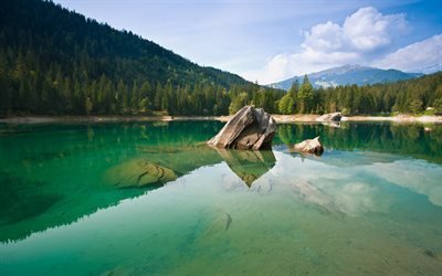 mountain lake, mountains, spring, glacial lake, forest, Alps