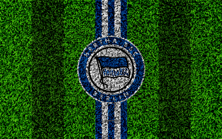 Hertha Berlin FC, 4k, German football club, football lawn, logo, blue white lines, emblem, grass texture, Bundesliga, Berlin, Germany, football