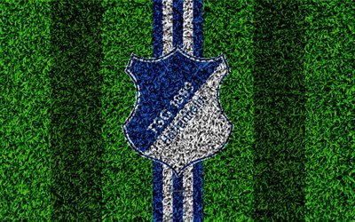 TSG 1899 Hoffenheim, 4k, German football club, football lawn, logo, blue white lines, emblem, grass texture, Bundesliga, Sinsheim, Germany, football
