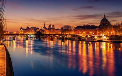 Paris, noturnas, ponte, Fran&#231;a, Europa