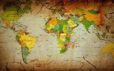 mapa, estilo retro, mapa pol&#237;tico do mundo, Terra, continente mapa, geografia