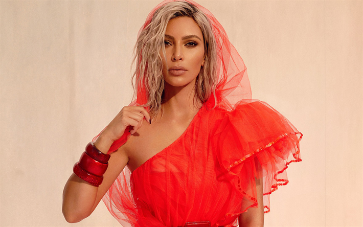 Kim Kardashian, American fashion model, portrait, red luxury dress, photoshoot, Vogue India