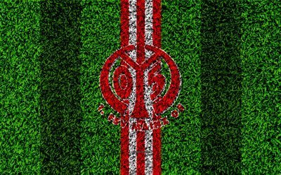 FSV Mainz 05, 4k, German football club, football lawn, logo, red white lines, emblem, grass texture, Bundesliga, Rhineland-Palatinate, Mainz, Germany, football