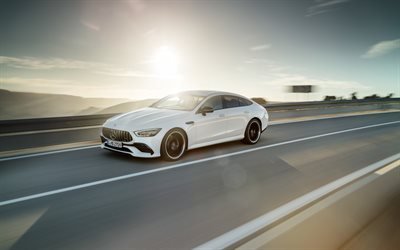 مرسيدس-AMG GT 4-باب كوبية, 4k, 2019 السيارات, الطريق, الضبابية, مرسيدس
