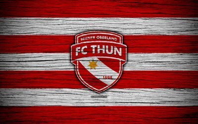 Thun, 4k, wooden texture, Switzerland Super League, soccer, football, emblem, FC Thun, Switzerland, logo, Thun FC