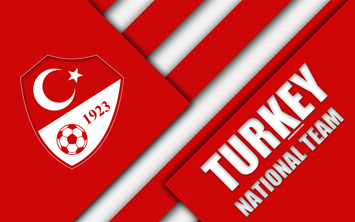 Turkin jalkapallomaajoukkue, 4k, tunnus, materiaali suunnittelu, punainen valkoinen abstraktio, Turkin Jalkapalloliitto, logo, jalkapallo, Turkki, vaakuna