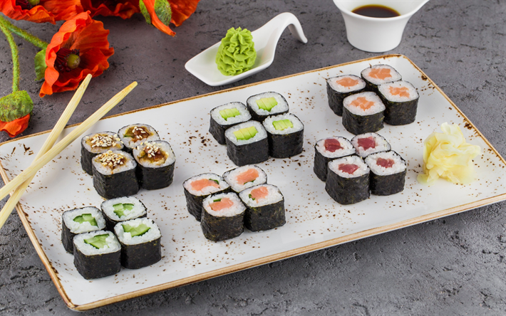 sushi, cocina Japonesa, amapolas, futomaki, rollos, comida Asi&#225;tica, Jap&#243;n