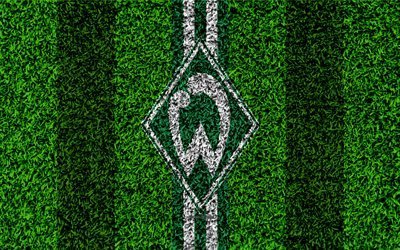 Werder Bremen FC, 4k, German football club, football lawn, logo, green white lines, emblem, grass texture, Bundesliga, Bremen, Germany, football, SV Werder Bremen