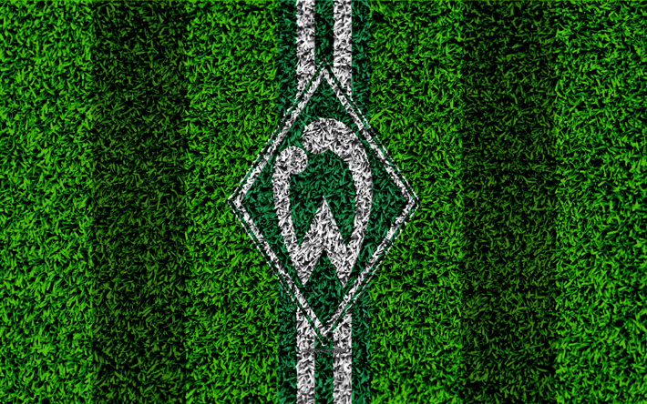 El Werder Bremen FC, 4k, club de f&#250;tbol alem&#225;n, el f&#250;tbol de c&#233;sped, logotipo, verde l&#237;neas en blanco, con el emblema de hierba de la textura, de la Bundesliga, Bremen, Alemania, el f&#250;tbol, SV Werder Bremen