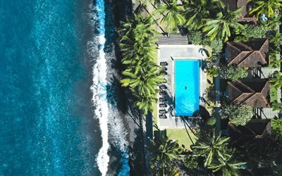 Bali, hotel, pool, beach, vy fr&#229;n ovan, havet, resort, Indonesien