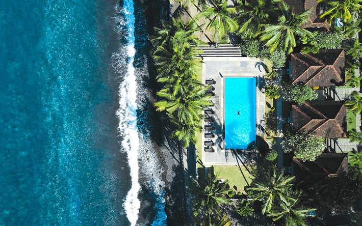 Bali, el hotel, la piscina, la playa, vista desde arriba, el mar, el resort, Indonesia