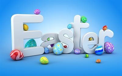 Easter, 3d white letters, spring, 3d Easter eggs, blue background, April 2018, spring holidays