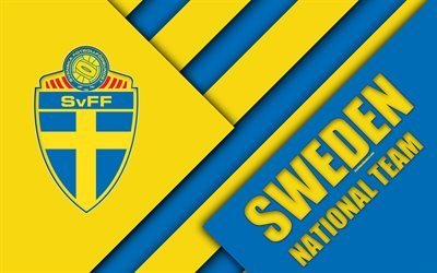 Sweden national football team, 4k, emblem, material design, blue yellow abstraction, Swedish Football Association, logo, football, Sweden, coat of arms